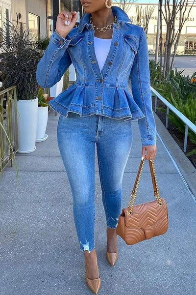 Blueleaブルレア　Peplum jacket Peplum Denim Long Sleeve Jacket | eBay